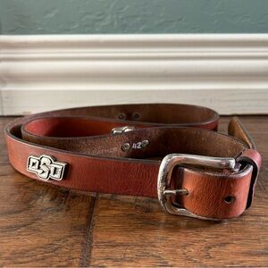 OSU Oklahoma State University Brown Leather Belt Silver Tone Logo Size 42